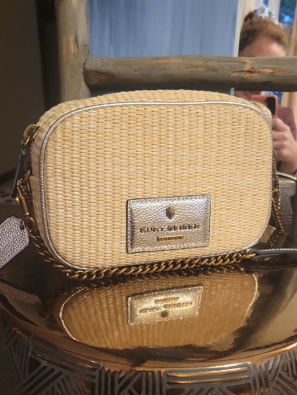 Kurt Geiger Beige Straw Crossbody with Gold Trim